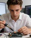 Technician using soldering iron with Pro Grade Soldering Iron Tip Cleaner Block For Metal Tips Flux Activator With Abrasive Grains
