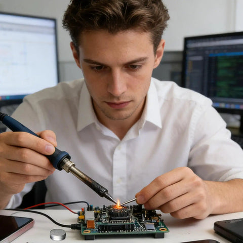 Technician using soldering iron with Pro Grade Soldering Iron Tip Cleaner Block For Metal Tips Flux Activator With Abrasive Grains
