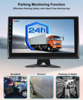 Wired RV Camera System With 5 1080P Waterproof Backup Cameras 360 Degree View On Screen DVR display showing parking function, truck.