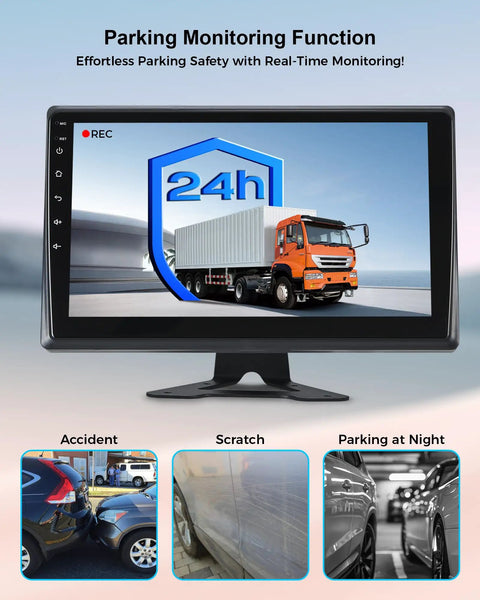 Wired RV Camera System With 5 1080P Waterproof Backup Cameras 360 Degree View On Screen DVR display showing parking function, truck.