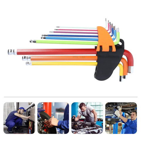 Awesome 9pc Colored L Shaped Hex Key Wrench Set With Long Arm Ball End Design. Premium High Hardness Steel Multi Function Spanner Tools For Fast Repair And Smooth Maintenance Jobs. Rust Resistant Thicken Build That Grips Tight Without Slipping Like A, 9pc ball end hex key set with colored long-arm steel wrenches in holder