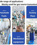 Variety of applications for Blue PU Pneumatic Hose 8mm OD 5mm ID 10m, including pneumatic tools, mechanical equipment, factory floors