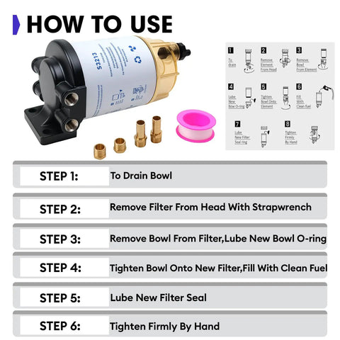 Marine Fuel Water Separator Kit For Outboard Motors Fits Yamaha And Mercury Marine With Brass Fittings Three Eighth Inch Barb To One Quarter Inch NPT Replaces B32013 35-60494-1 18-7932-1 18-17928 35-809097
