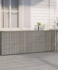 Heavy Duty Grey Garden Storage Cabinet And Outdoor Tool Chest, Weather Resistant Patio Organizer With Pe Rattan And Powder Coated Steel Frame, Tough As Nails Backyard Stash Box With Acacia Wood Knobs For Deck Use on a patio.