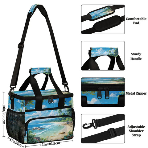 Insulated Picnic Backpack With Large Capacity Portable Lunch Bag showcasing beach design, sturdy handle, adjustable strap, metal zipper.