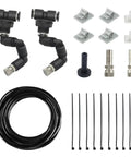 Misting Irrigation Kit For Plants With One Quarter Inch And One Half Inch Tubing, Adjustable Nozzles, End Plugs, Clips, Filter Heads, And Metal Misting Nozzles For A Simple Plug And Play Greenhouse Watering System No Fuss Setup components laid out