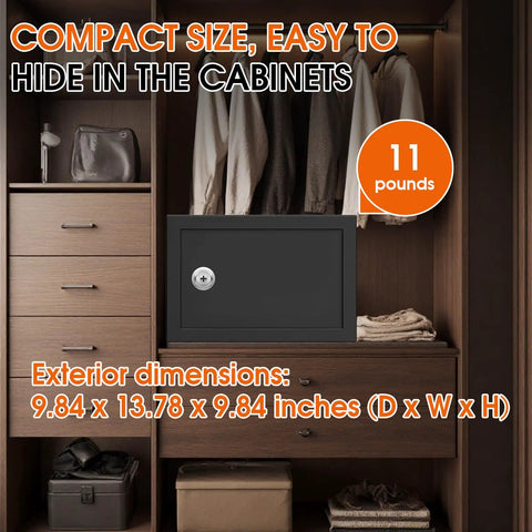 1.3 Cu Ft Fireproof Safe Box With Key Lock For Home And Office in closet, heavy-duty steel security chest, compact design