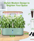 Indoor Hydroponic Garden System With 12 Pods And LED Grow Light on table, showing size and included accessories.