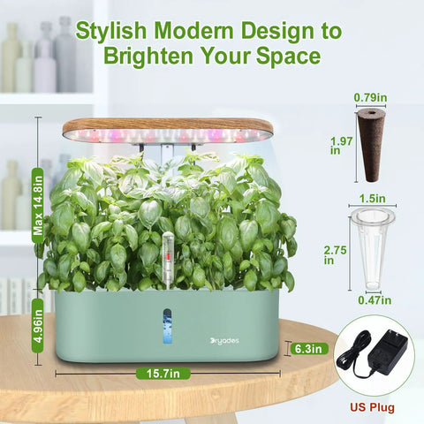 Indoor Hydroponic Garden System With 12 Pods And LED Grow Light on table, showing size and included accessories.