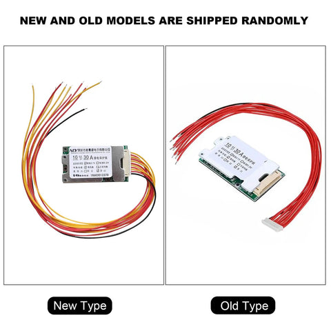 Hassle Free 36V 10S Lithium Battery BMS Featuring 30A Smart Balancing Protection Board, showcasing new and old models with wiring.