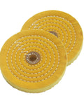 Heavy Duty Six Inch Cotton Buffing Wheels For Bench Grinders Two Pack, yellow disks with central arbor mount for polishing.