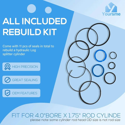 Universal Fit 4.0 Inch Bore By 1.75 Inch Rod Hydraulic Log Splitter Cylinder Rebuild Seal Kit 11 Piece Easy DIY Seal Replacement