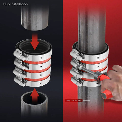 Beefy No Hub Coupling With Red Shield For 2 Inch Cast Iron Sewer Pipe And Fittings, Stainless Steel Bands, Corrugated Shield, ElaStoplast Sealing Gasket, Pack Of 5 installed on cast iron pipe