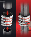 Beefy Stainless Steel No Hub Cast Iron Drain Coupling With Red Shield For 3 Inch Pipe DWV Piping Easy Identification During Install Leak Resistant Durable Clamp Connection Heavy Duty Plumbing Fitting, hub installation with hex nut driver