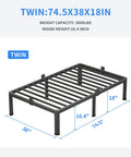 Heavy Duty Twin Bed Frame Built Different With Round Corner Legs And Mattress Slide Stopper Solid Steel Framework, dimensions 74.5x38x18 in.