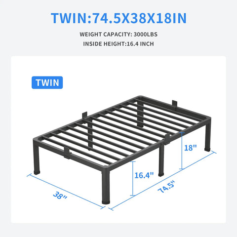 Heavy Duty Twin Bed Frame Built Different With Round Corner Legs And Mattress Slide Stopper Solid Steel Framework, dimensions 74.5x38x18 in.
