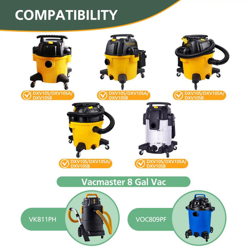 Compatibility chart showing vacuums for 12 Pack Vacuum Bags For 6 To 10 Gallon Wet Dry Shop Vacuums No Fuss Heavy Duty Replacement