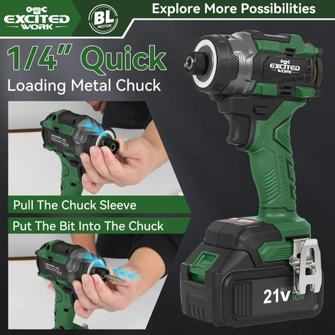 21V Brushless Impact Screwdriver Kit With 230Nm Torque, showing quick 1/4 inch loading metal chuck and cordless design