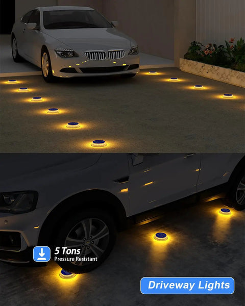 Solar Step Lights Outdoor Waterproof 4 Pack Warm White illuminating driveway under car