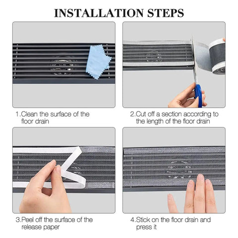 Installation steps for Hair Catcher for Shower-Self-Adhesive Drain Strainer Filter Roll with hands demonstrating each process.