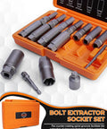 16 Piece Deep Bolt Extractor Set For Impact Drivers in orange case, includes various socket sizes and nut removers.