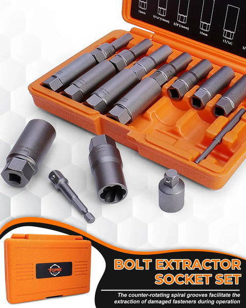 16 Piece Deep Bolt Extractor Set For Impact Drivers in orange case, includes various socket sizes and nut removers.