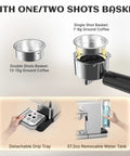 Semi Automatic Espresso Machine With 20 Bar Italian Pump featuring detachable drip tray and single/double shot baskets for optimum coffee brewing.