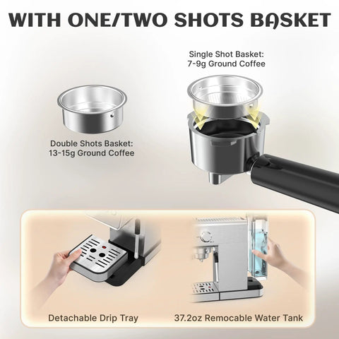 Semi Automatic Espresso Machine With 20 Bar Italian Pump featuring detachable drip tray and single/double shot baskets for optimum coffee brewing.