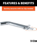 Chrome swivel trailer hitch pin with integrated clip, five eighths inch diameter, fits two inch receiver, no clip needed.