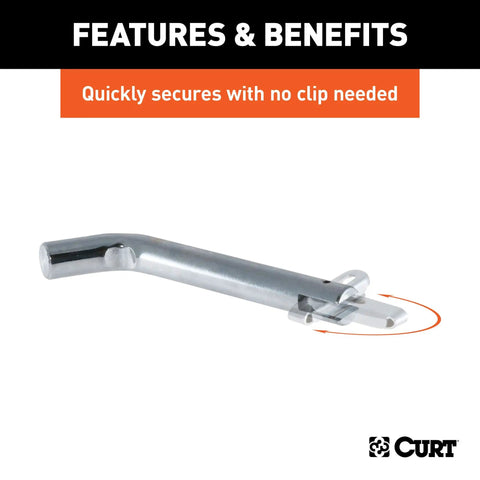 Chrome swivel trailer hitch pin with integrated clip, five eighths inch diameter, fits two inch receiver, no clip needed.