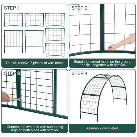 Assembly steps for Arch Trellis Kit For Planter Box And Climbing Plants, wide metal arbor with iron mesh panels, 8 x 2 x 4 ft.