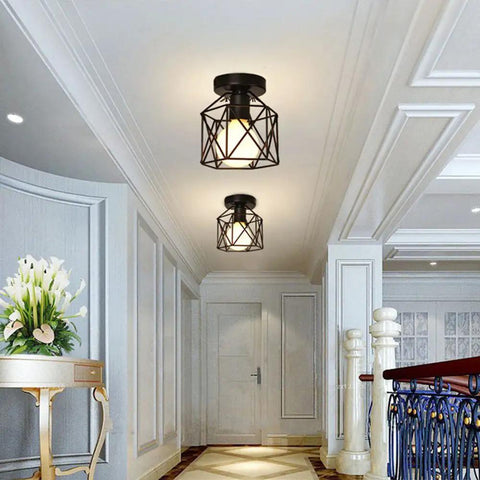 Retro Black Industrial Ceiling Light Fixture Mini Metal Rustic Flush Mount for porch hallway with upgraded 4.75 inch canopy