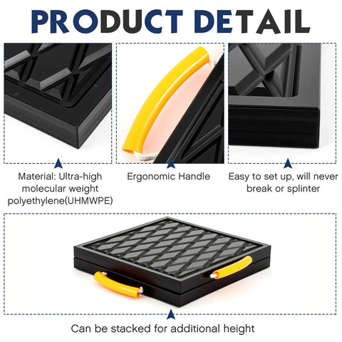 Four Piece Heavy Duty RV Jack Pads With Easy Grip Handles 12 X 12 X 1 Inch Durable Polyethylene Stabilizer Blocks top view with handle