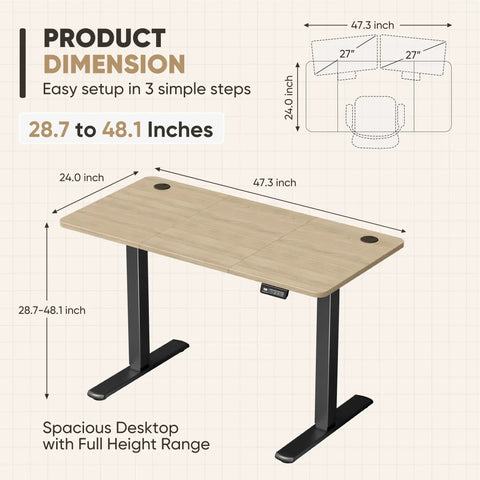 Furmax Maple Computer Desk 48 X 24 Inches Electric Height Adjustable Standing Desk With Memory Preset T-Shape Frame ergonomic design dimensions.