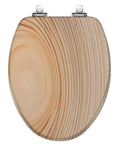 Elongated Resin Toilet Seat for Bathroom, natural wood grain design, adjustable hinges, 18.5 inches length.