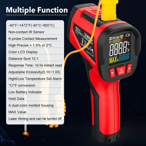 Digital Infrared Thermometer Gun With Probe For Non Contact Temperature Readings, Fast Laser Temp Gun with K-probe and LCD