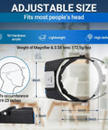 Hands Free Magnifying Glass Visor With Light, Rechargeable Headband Magnifier, size chart and measurements displayed