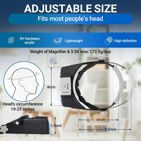 Hands Free Magnifying Glass Visor With Light, Rechargeable Headband Magnifier, size chart and measurements displayed