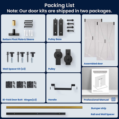 Space Saving White Bifold Sliding Barn Door Kit 60x84 Inch With K Shaped Panel And Sliding Hardware parts and packaging list