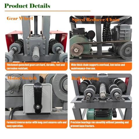 Product details of Heavy Duty 2.2KW Electric Pipe Bender For Stainless Steel Round Square Rectangular Tubing showing gear wheel, switch, reducer and bearings.