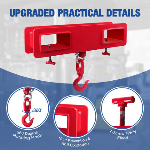 Heavy Duty Forklift Lifting Hook With 4400 Lbs Capacity, Swivel 360 Degree Rotation, Security Latch, Dual Large T Screws, Red Mobile Crane Style Hoist Hook, Easy Slide On Pallet Forks, Ideal For Warehouse Hoisting And Load Handling on red steel fork mount