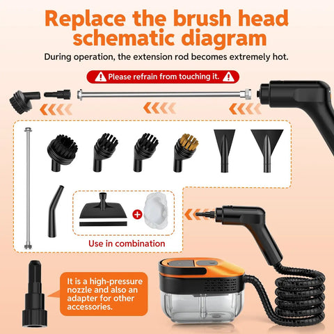 Heavy Duty Handheld Steam Cleaner features interchangeable brush heads, high-pressure nozzle, and detailed schematic for easy use.