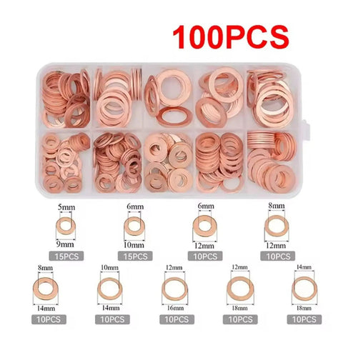 All In One Copper Flat Washer Set Kit With Nine Metric Sizes M5 To M14 100 Or 200 Pieces Durable Sealing Washers For Hardware Plumbing DIY Projects Heavy Duty Copper Washers For Tight Fits, 100-piece divided box