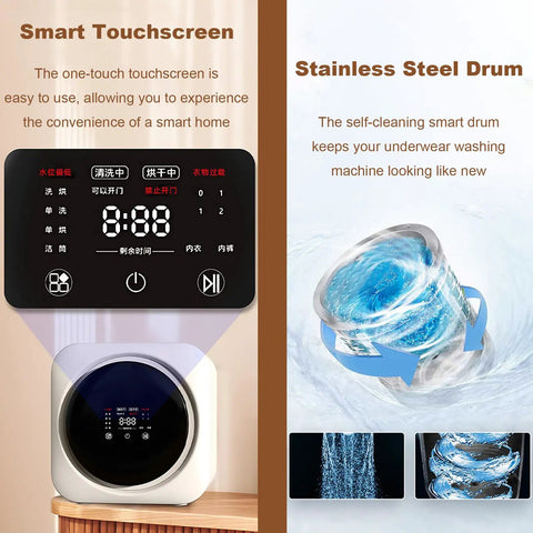 Slick Compact Portable Washer Dryer Combo Built For Tiny Rooms With Smart Touchscreen Control and stainless steel drum.