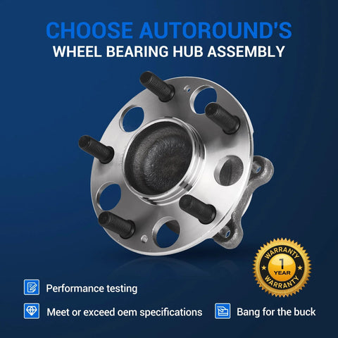 Rear Wheel Hub And Bearing Assembly With 5 Lugs And ABS For Honda Accord 2005 Through 2007 And Acura TSX 2004 Through 2008 Two Piece Wheel Hub Replacement 512327 Compatible Flange Diameter 5.49 Inches displayed on blue background with performance features and warranty.