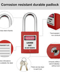 Image of a corrosion-resistant padlock from the Four In One Lockout Tagout Kit For Electrical And Mechanical Safety Boss Level OSHA Compliant Group Lockout Hasps Padlocks Tags Cable Ties Nylon Pouch And Four Complete Kits In One, featuring a red thermoplastic body and stainless steel shackle. Includes key and tag view.