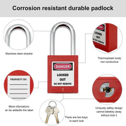Image of a corrosion-resistant padlock from the Four In One Lockout Tagout Kit For Electrical And Mechanical Safety Boss Level OSHA Compliant Group Lockout Hasps Padlocks Tags Cable Ties Nylon Pouch And Four Complete Kits In One, featuring a red thermoplastic body and stainless steel shackle. Includes key and tag view.