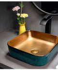 Slick Above Counter Vessel Sink For Modern Bathroom Vanity, 420mm x 420mm porcelain sink with gold interior finish.