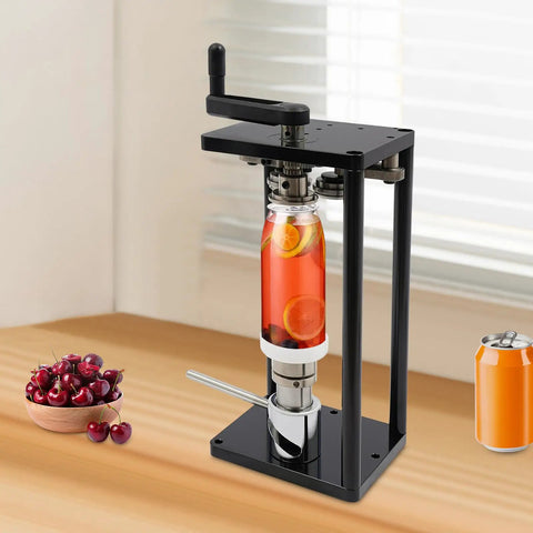 Top Shelf Manual Jar Sealer For 55Mm Soda Pots With Heavy Steel Build And Smooth Rotary Winder That Knocks Out Leaks And Keeps Your Brew Fresh As A Whistle with a glass jar and cherries on a wooden table.