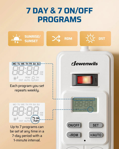 Close-up of digital timer on 8-Outlet Power Strip With Timer And Auto On Off For Reptile Lighting, 7-day program display